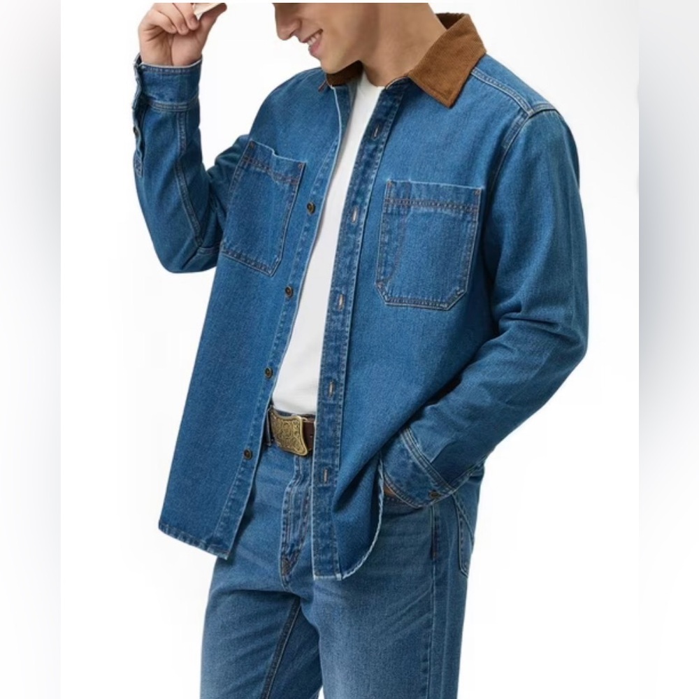 Frye Medium Wash Barn Shacket with Brown Corduroy Collar